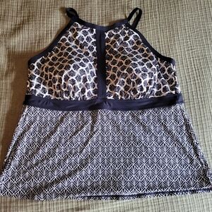 Lands End Navy and White Patterned Tankini Top
